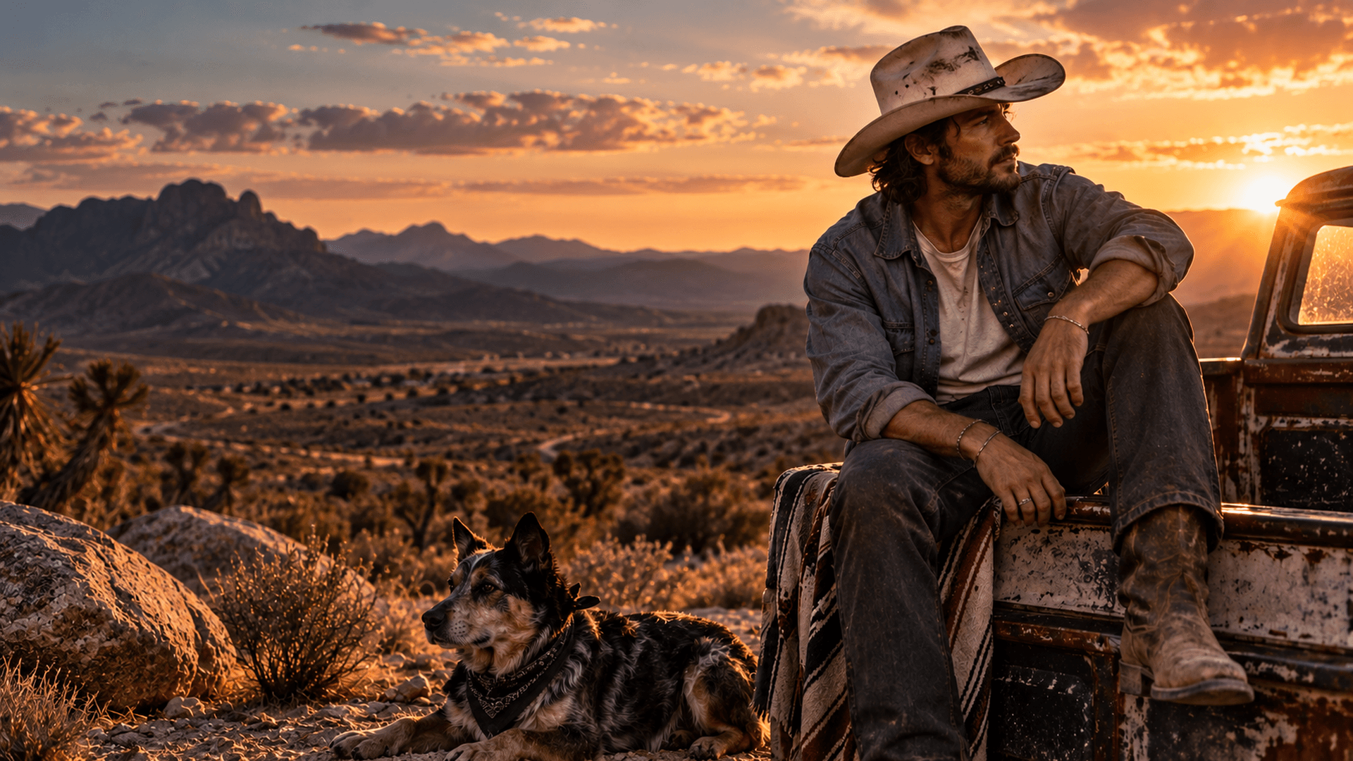 Silhouetted cowboy-hatted man beside a vintage car at sunset