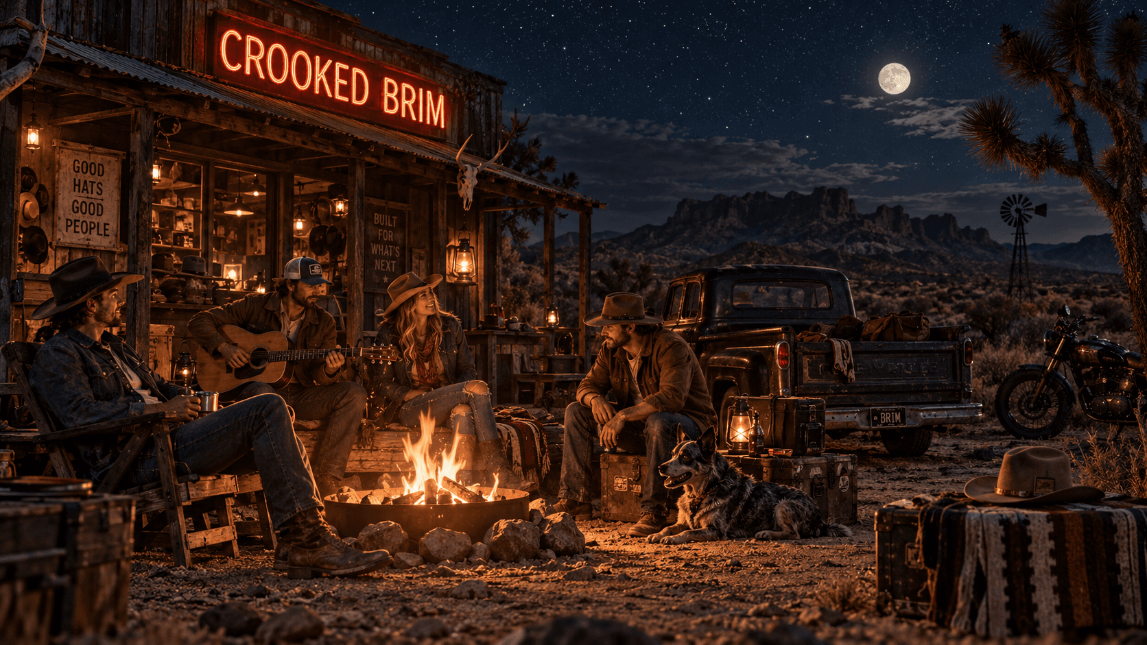 People in cowboy hats gathered around a campfire at night