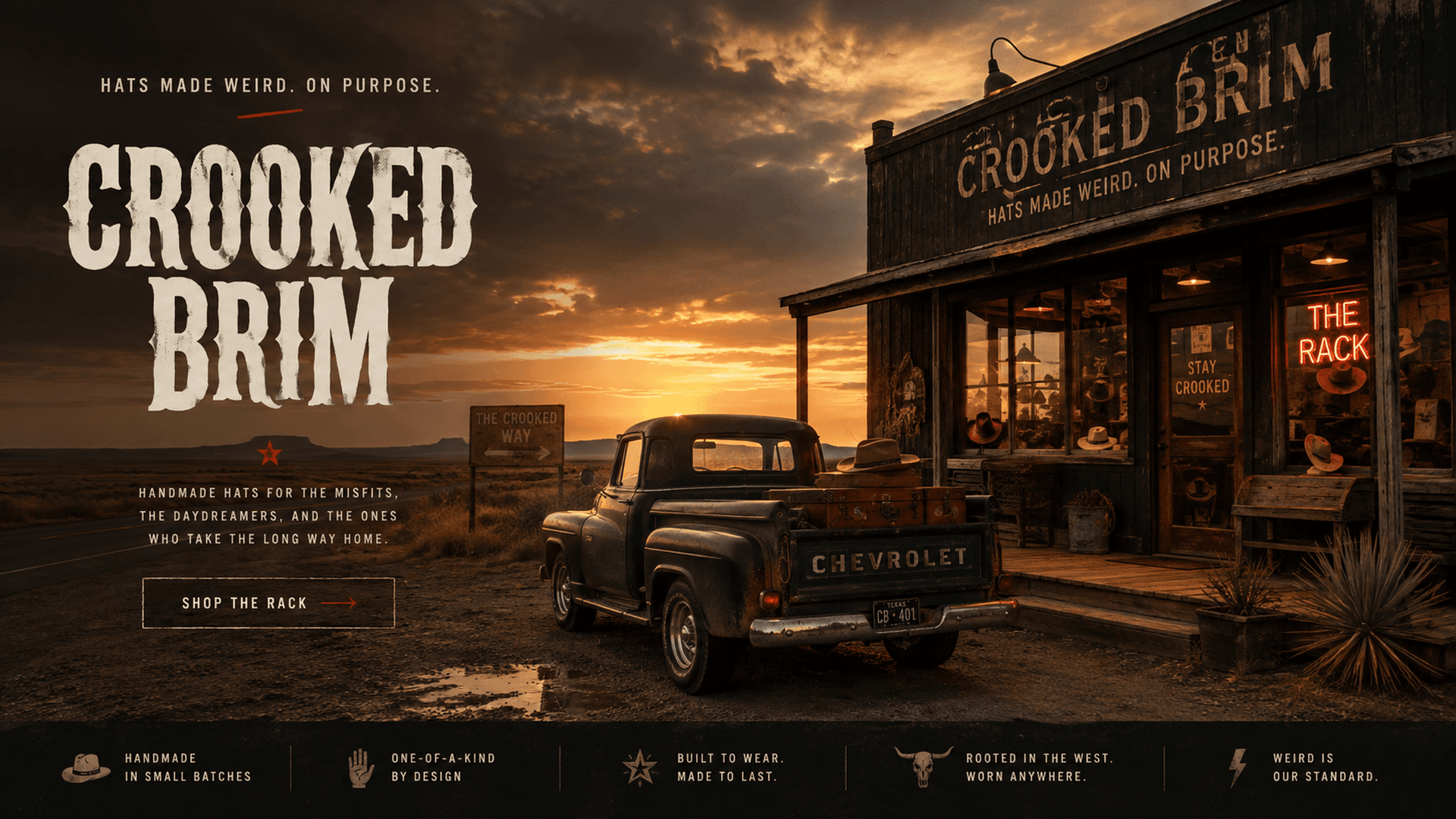 Vintage pickup outside a western hat shop at sunset